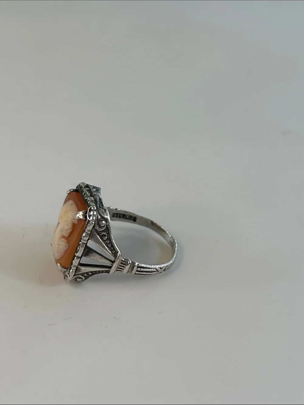 Sterling Silver Carved Shell Cameo Statement Ring | Size 5.25 | Art Deco Style